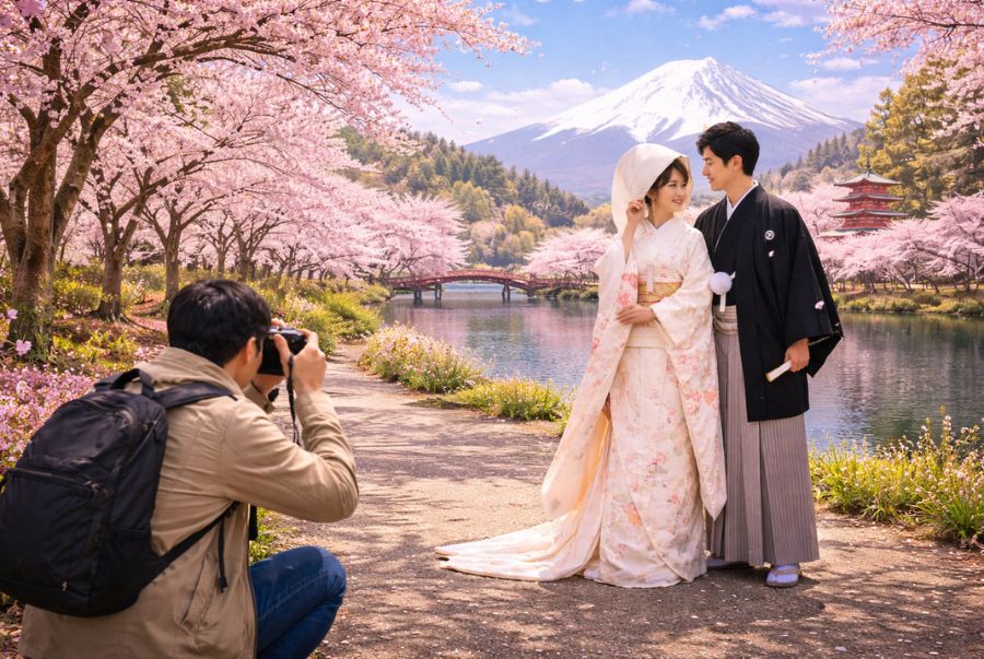 Mùa hoa anh đào là thời điểm lý tưởng được nhiều cặp đôi lựa chọn để chụp ảnh cưới tại Nhật Bản