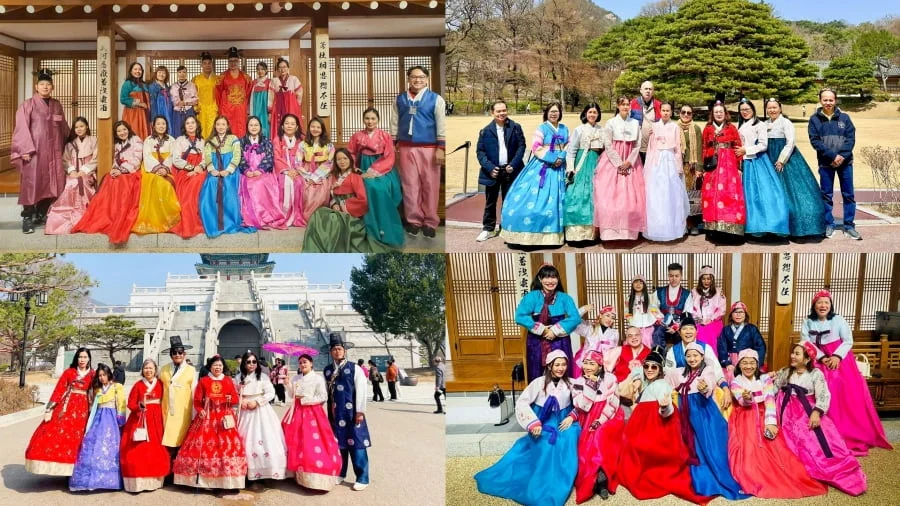 Các vị khách nhà Top Ten Travel thích thú khi được diện hanbok trong chuyến du lịch Hàn Quốc