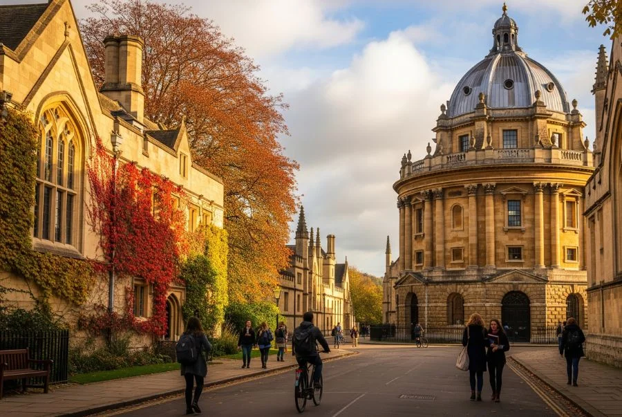 Hình ảnh những tán lá ở Oxford bắt đầu thay áo mới, sắc đỏ, vàng cam trải khắp sân trường