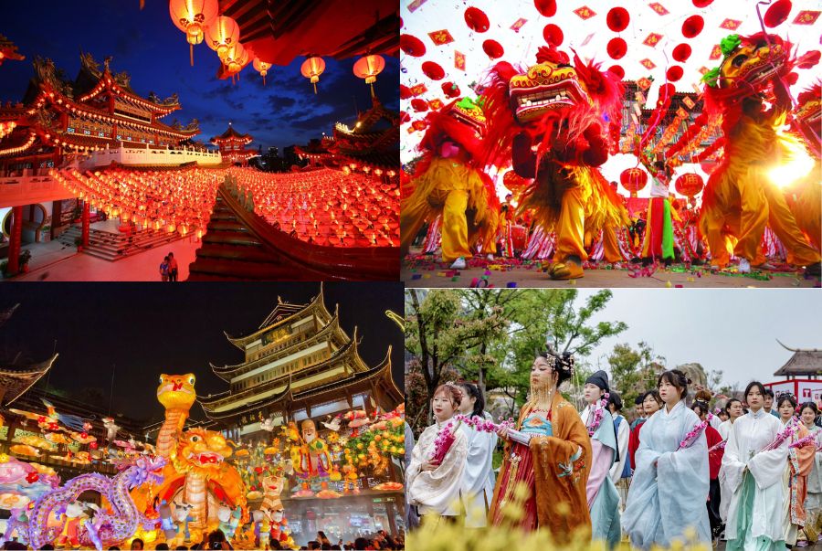 Khung cảnh ngày tết ngập tràn sắc đỏ rực rỡ và âm thanh rộn ràng của pháo hoa, trống lân