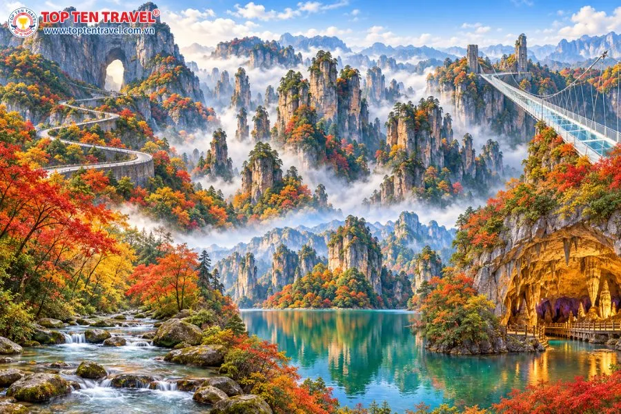 Trương Gia Giới mùa thu nổi bật với những dãy núi đá kỳ vĩ, rừng cây chuyển màu và khung cảnh thiên nhiên thơ mộng