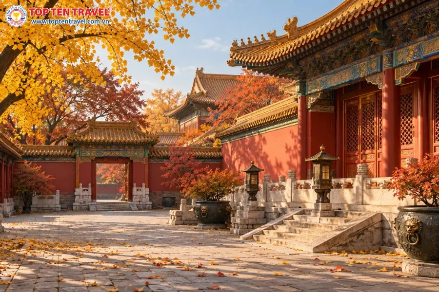 Vẻ đẹp cổ kính của Diên Hy Cung trong khung cảnh mùa thu Bắc Kinh.