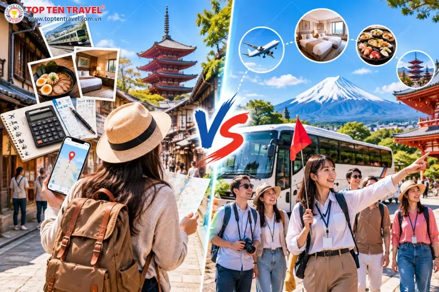 Du lịch Nhật Bản tự túc mang đến sự linh hoạt, trong khi đi tour giúp du khách dễ dự toán ngân sách