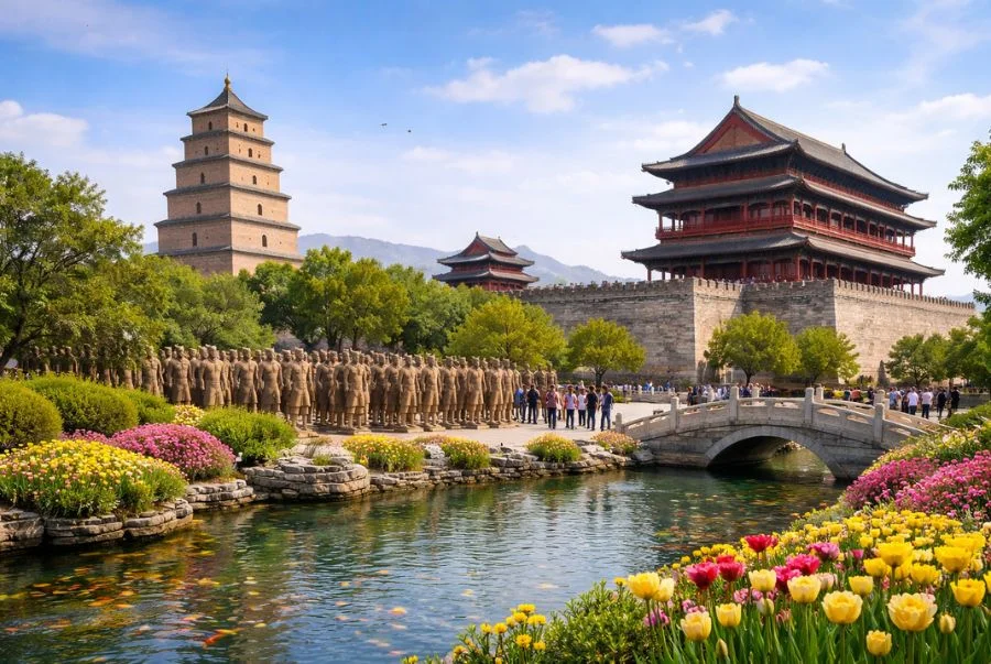 Khung cảnh  tươi mới, nhẹ nhàng nhưng vẫn giữ được nét cổ kính của Tây An mùa xuân