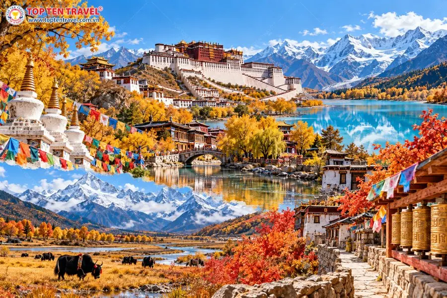 Tây Tạng mùa thu nổi bật với cảnh sắc thiên nhiên hùng vĩ và những công trình kiến trúc Phật giáo đặc trưng