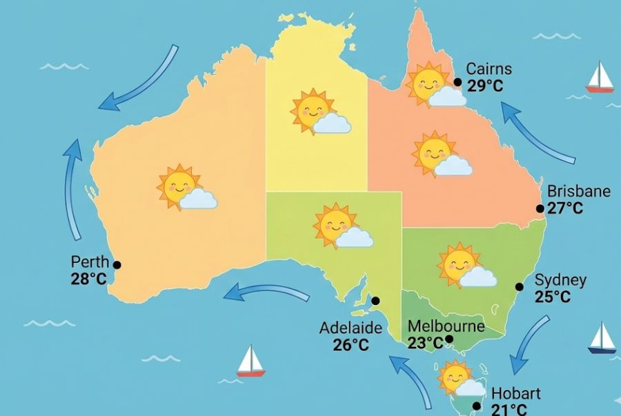 Một số các đặc điểm thời tiết từng khu vực tại nước Úc mùa hè