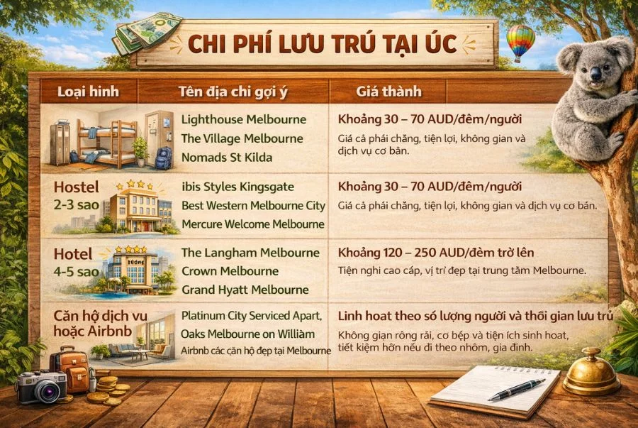 Tùy vào ngân sách mà du khách có thể lựa chọn loại hình lưu trú phù hợp khi đi du lịch Úc