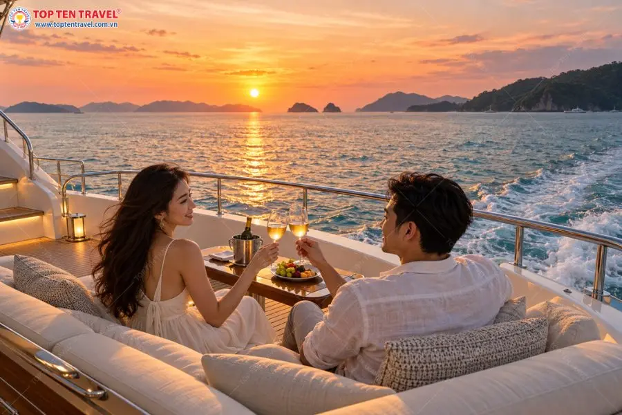 Tận hưởng buổi chiều thư thái trên du thuyền, nâng ly rượu vang giữa sắc trời hoàng hôn rực rỡ
