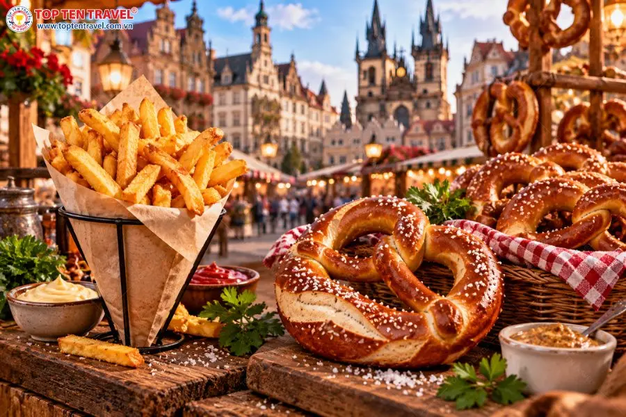 Frites giòn nóng và Pretzel thơm mềm là hai món ăn đường phố dễ bắt gặp trong hành trình khám phá Châu Âu