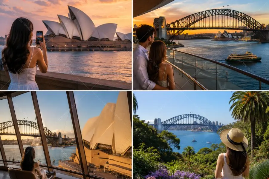 Du khách chụp ảnh tại các địa điểm có view Nhà hát Opera Sydney