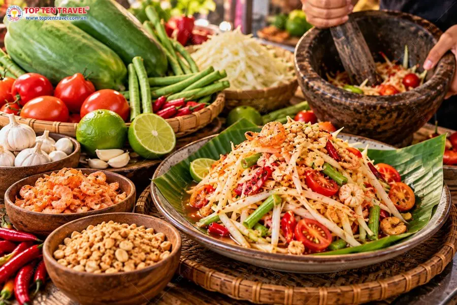 Món gỏi Som Tam chua cay hấp dẫn được chế biến từ đu đủ xanh, cà chua, đậu đũa và những nguyên liệu truyền thống