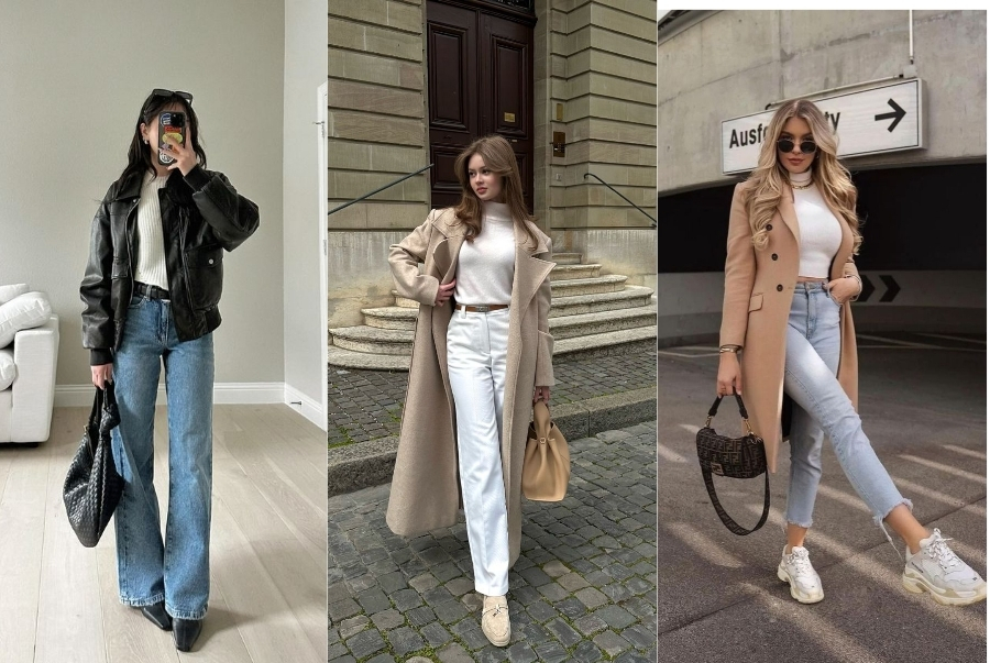 Outfit năng động với quần jean phối với áo thun khoác thêm áo khoác ngoài