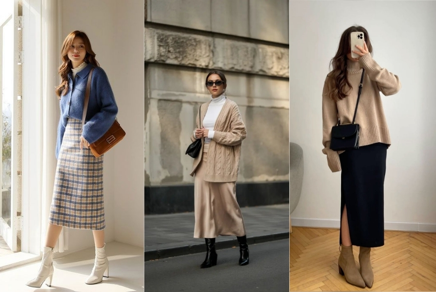 Outfit dịu dàng với chân váy dài và áo len phối cùng giày boot