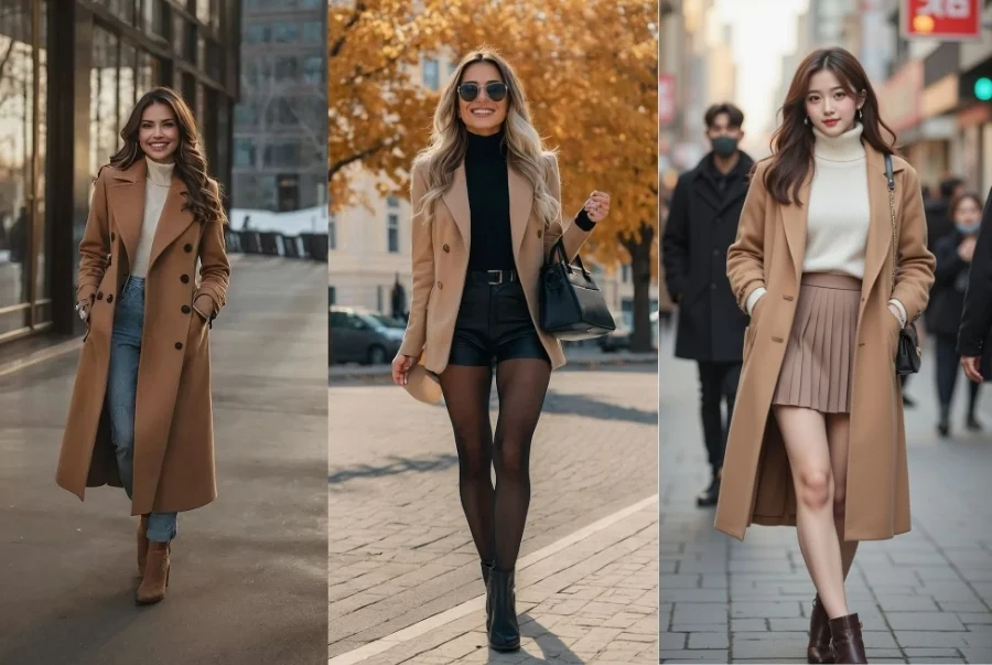 Điểm nhấn của outfit là một chiếc blazer nâu khoác ngoài