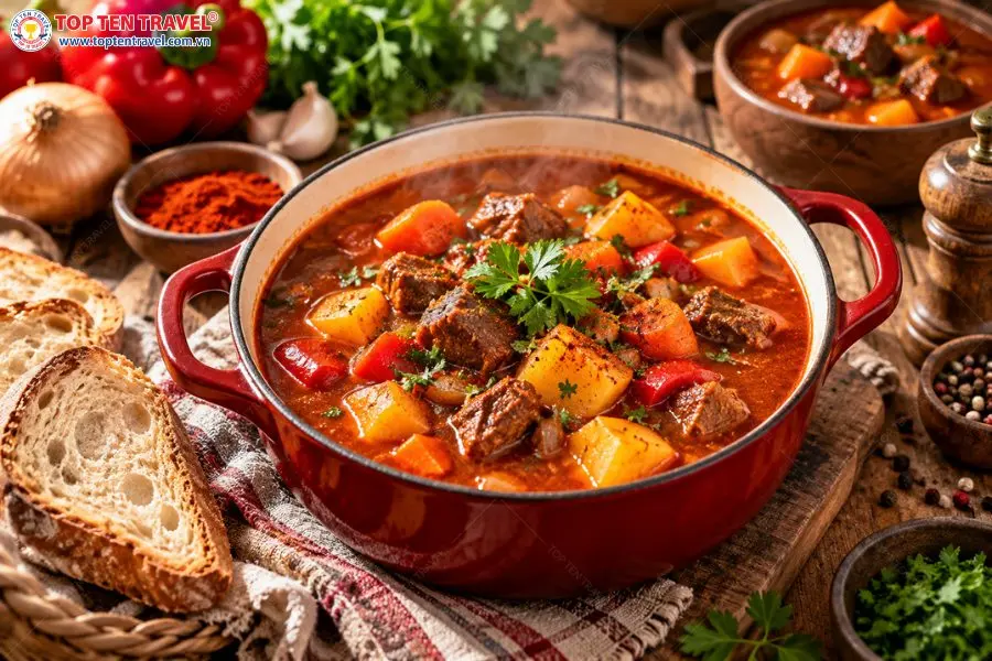 Goulash Soup nóng hổi, đậm đà với thịt và rau củ, thích hợp thưởng thức trong những ngày trời lạnh.