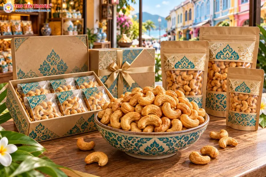 Hạt điều rang được đóng hộp và túi đẹp mắt, thuận tiện mua làm quà sau chuyến đi Phuket