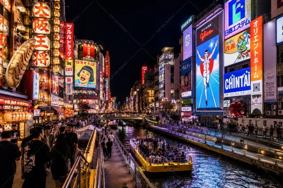 Khi màn đêm buông xuống, Dotonbori trở nên sống động hơn bao giờ hết với ánh đèn rực rỡ