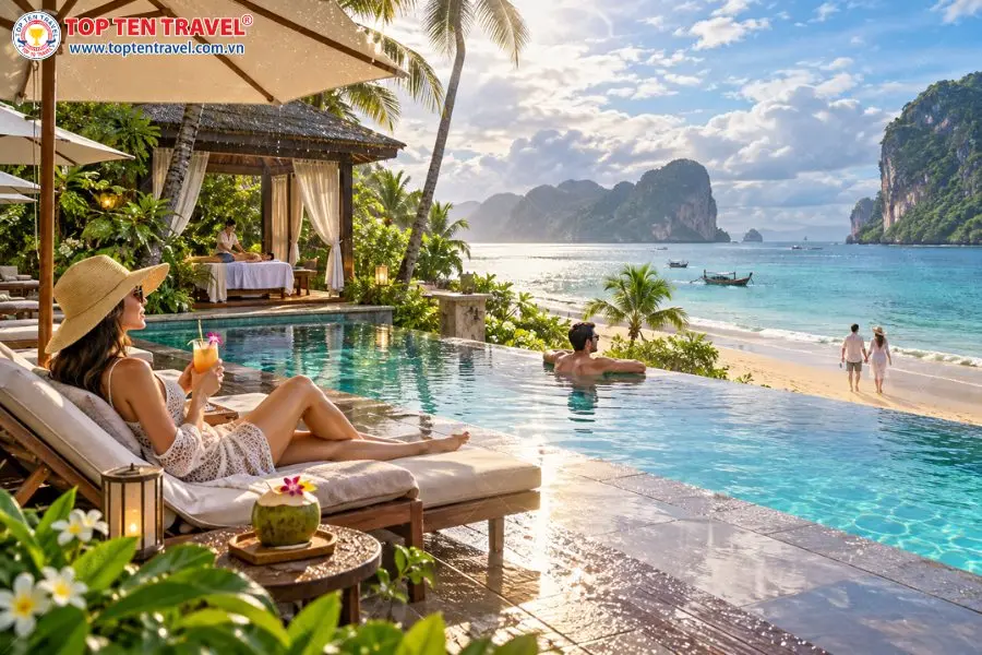 Nghỉ dưỡng tại resort, thư giãn bên hồ bơi và trải nghiệm spa là những lựa chọn hấp dẫn khi Phuket có mưa nhẹ