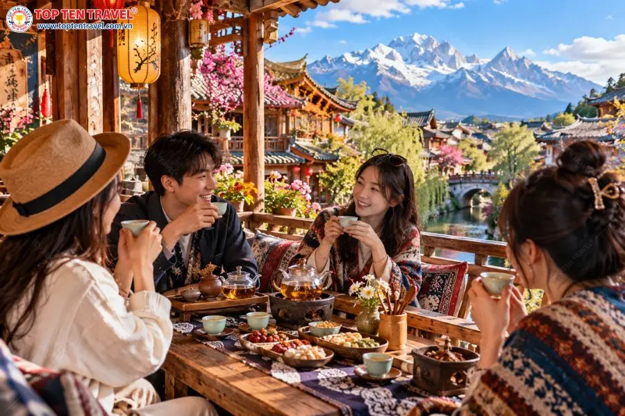 Dành thời gian ngồi bên một quán trà nhỏ là cách thú vị để cảm nhận nhịp sống chậm rãi và bình yên của Lệ Giang.