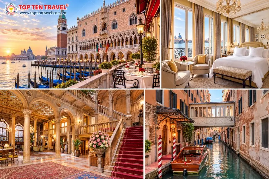 Không gian lưu trú mang phong cách Venice cổ điển với phòng nghỉ sang trọng, sảnh kiến trúc ấn tượng và khung cảnh kênh đào đặc trưng