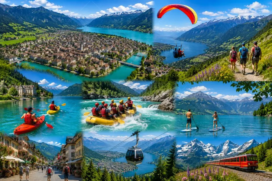 Những hoạt động mùa hè hấp dẫn tại Interlaken như dù lượn, chèo kayak, trekking và khám phá hồ Thun, hồ Brienz