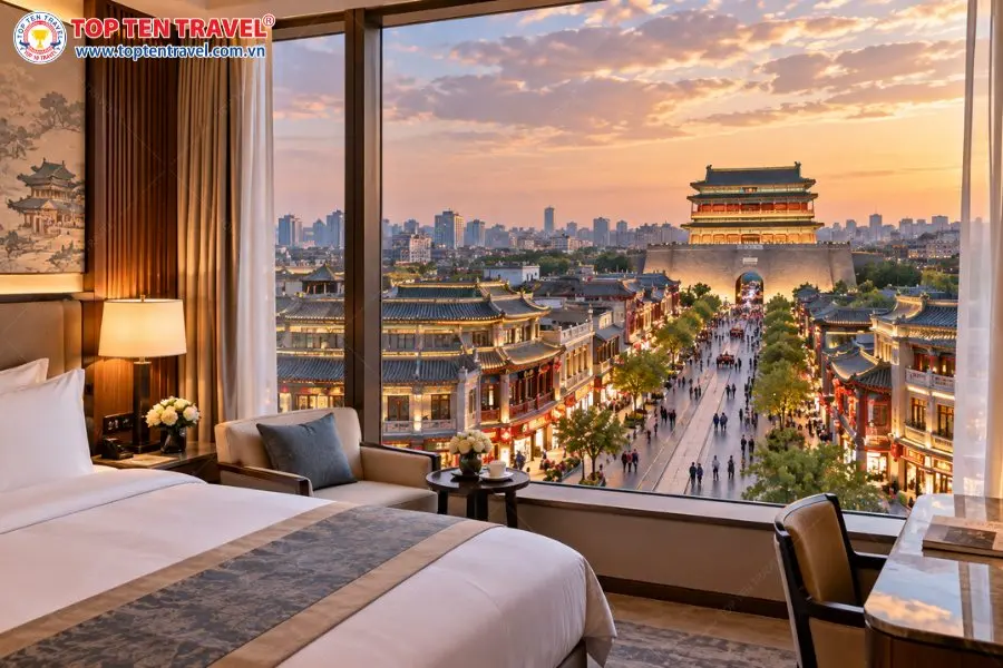 Phòng khách sạn với tầm nhìn hướng ra khu Tiền Môn, mang đến góc ngắm cảnh quan và nhịp sống đặc trưng của Bắc Kinh.