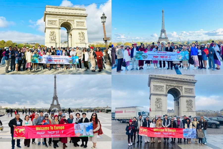 Đoàn khách Top Ten Travel check-in tại Khải Hoàn Môn và Tháp Eiffel