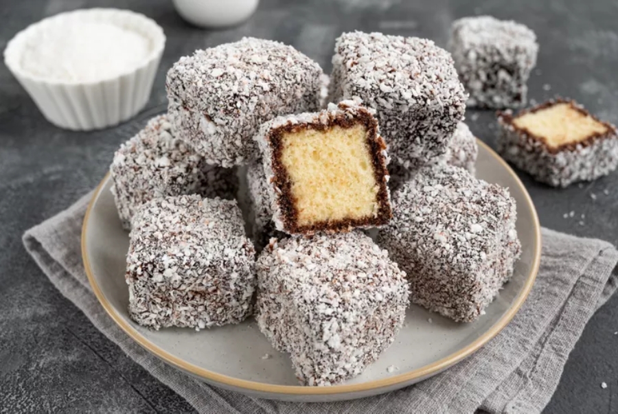 Bánh Lamington phủ socola dừa bào mềm mịn là món tráng miệng được ưa chuộng