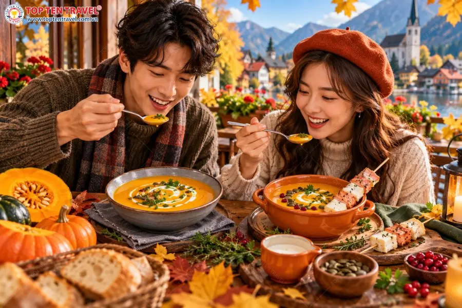 Kürbissuppe với vị bí đỏ béo mịn là món súp rất được yêu thích khi tiết trời Châu Âu se lạnh.