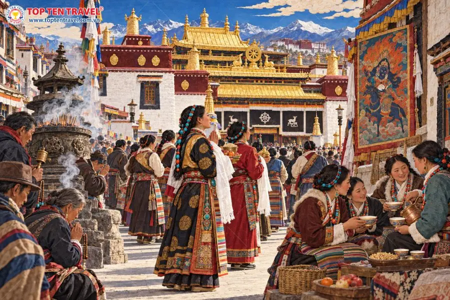 Người dân dâng khăn khata, cầu nguyện và tụ họp trong lễ hội Palden Lhamo tại Lhasa