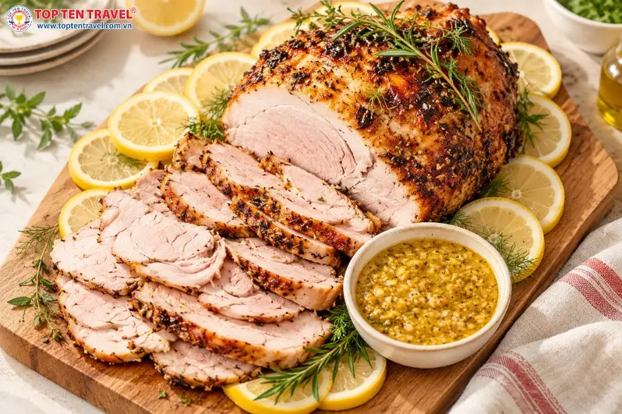 Lechón Asado gây ấn tượng với phần thịt mềm mọng cùng lớp da nướng vàng giòn hấp dẫn
