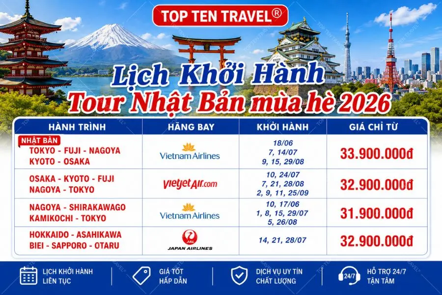 Bảng lịch khởi hành tour Nhật Bản mùa hè được Top Ten Travel cập nhật liên tục với nhiều lựa chọn linh hoạt