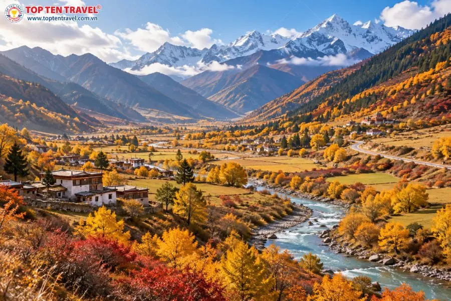 Toàn cảnh Mễ Á La Tứ Xuyên với thung lũng và rừng lá vàng mùa thu