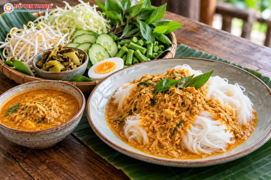 Khanom Jeen sở hữu hương vị tươi ngon với nhiều nguyên liệu kết hợp