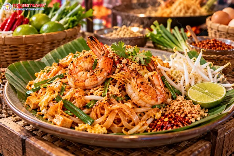 Trải nghiệm hương vị Pad Thai đậm đà với tôm tươi, bánh phở xào, đậu phộng và gia vị đặc trưng của ẩm thực Thái Lan