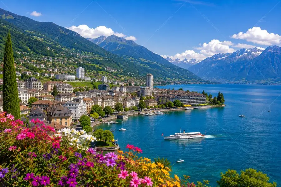 Toàn cảnh Montreux mùa hè bên hồ Geneva với đại lộ hoa, bến du thuyền và khung cảnh núi non thơ mộng