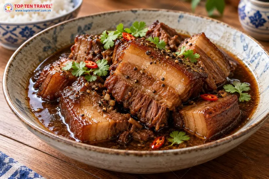 Cận cảnh thịt ba chỉ Moo Hong phủ nước xốt nâu óng, trang trí với rau mùi