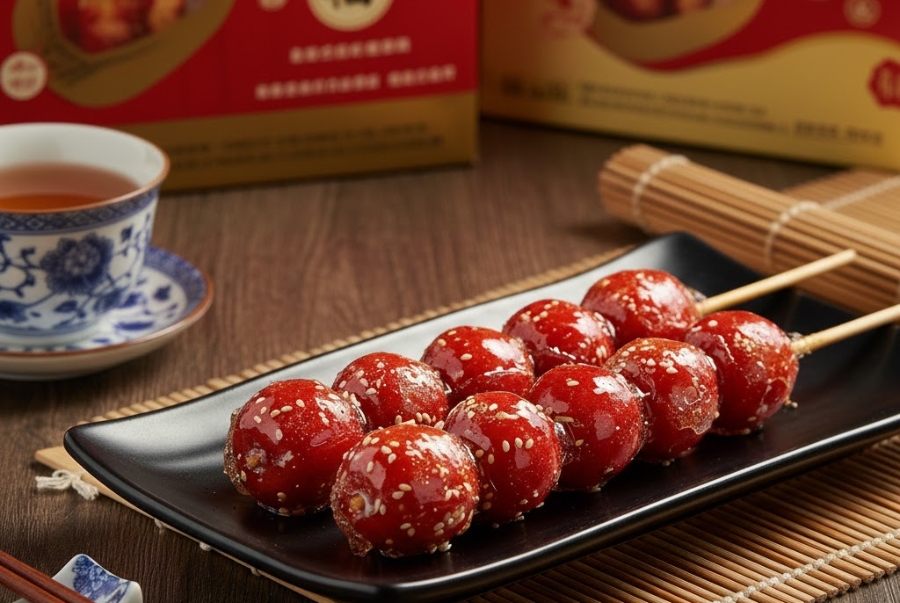 Kẹo hồ lô là món ăn vặt với các loại trái cây như táo, dâu hoặc nho được phủ lớp đường mạch nha