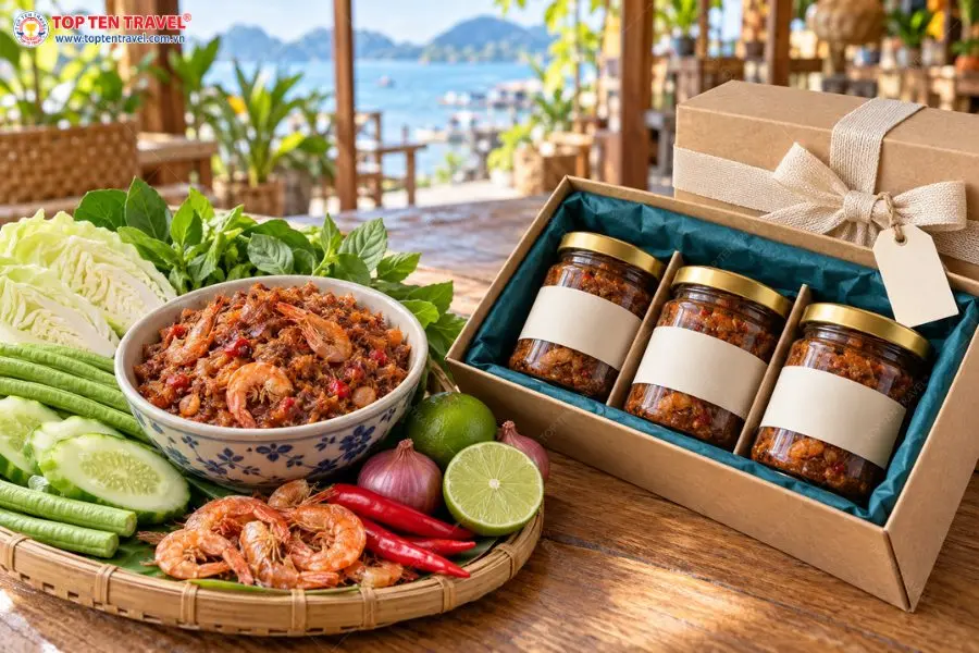 Nam Prik Kung Siap được giới thiệu dưới dạng món ăn và hộp quà mang về.