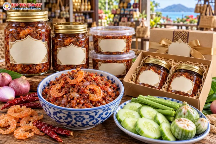 Nam Prik Kung Siap mang hương vị tôm khô và ớt đặc trưng, được đóng hũ tiện lợi để làm quà
