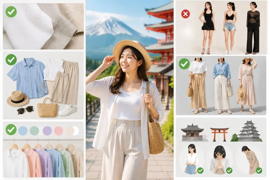 Trang phục chất liệu thoáng mát luôn là lựa chọn lý tưởng khi du lịch Nhật Bản mùa hè.