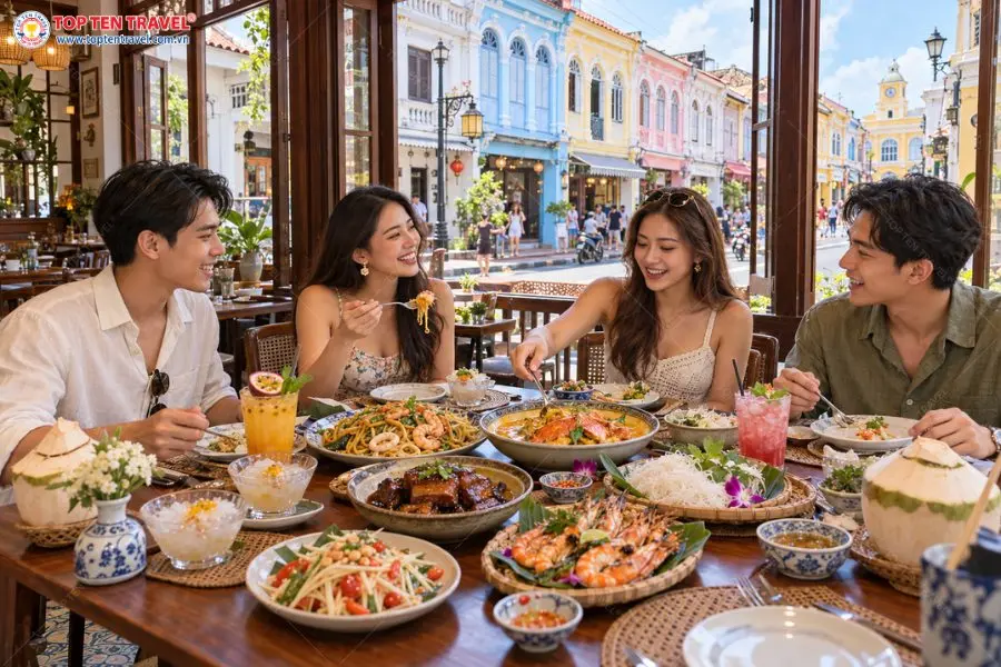 Nhóm Bạn thưởng thức món ngon trong không gian Phuket Old Town với những dãy nhà cổ nhiều màu sắc