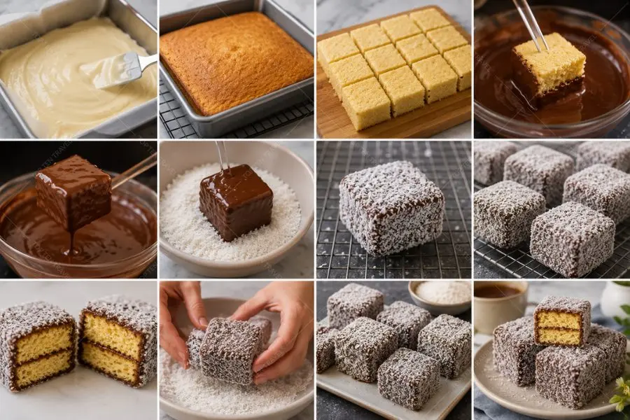 Quy trình chế biến những chiếc bánh Lamington phủ chocolate và dừa nạo