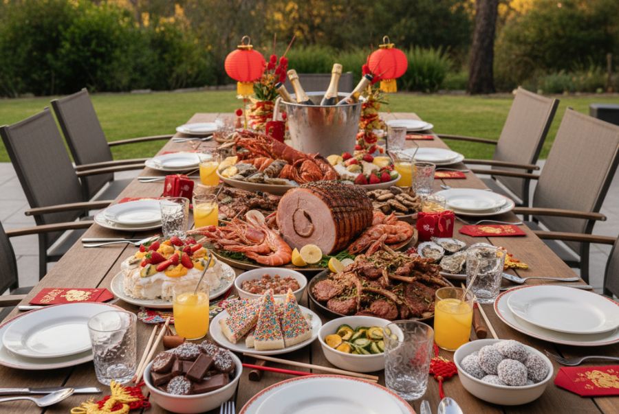 Bàn tiệc với các món ăn đặc trưng của người Úc dịp tết