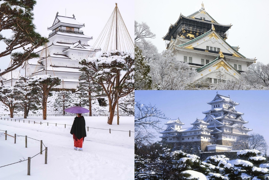 Điểm thu hút nhất của mùa đông Osaka chính là toà lâu đài nổi tiếng được bao phủ bởi những bông tuyết trắng xoá
