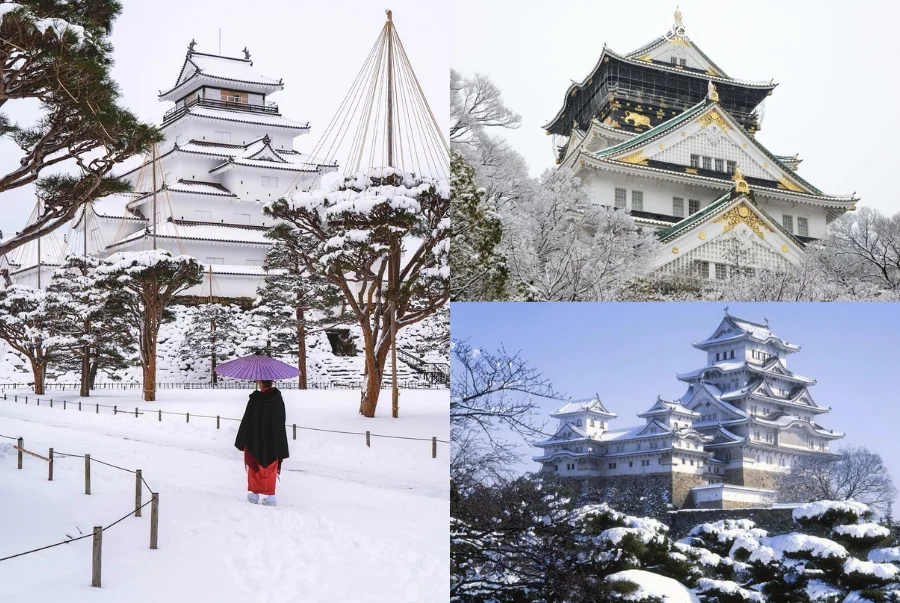 Lâu đài Osaka vào mùa đông luôn hấp dẫn du khách đến check-in bởi vẻ đẹp cổ kính phủ đầy tuyết trắng