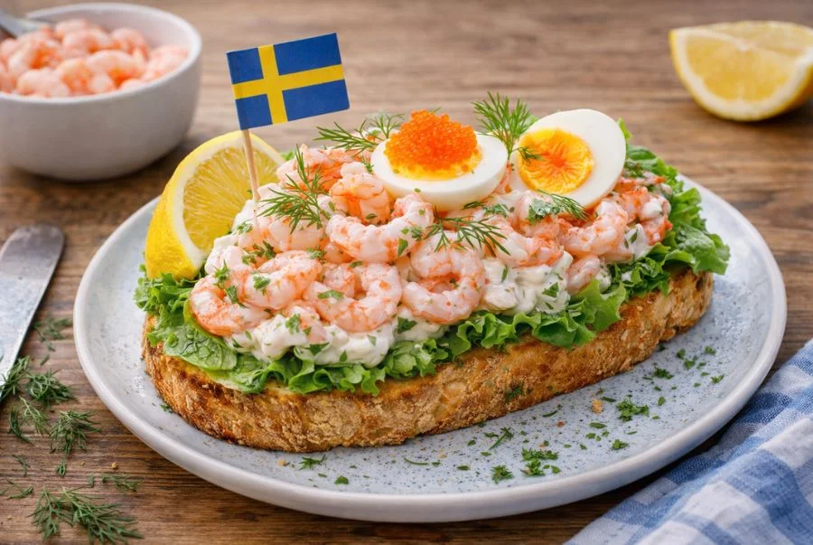 Räksmörgås gây ấn tượng với lớp tôm tươi được xếp lớp ở phía trên