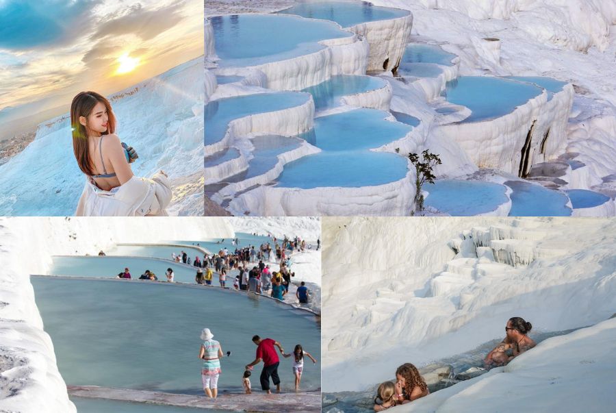 Pamukkale (“Lâu đài bông”) gây ấn tượng mạnh mẽ với những tầng đá vôi trắng tinh xếp lớp 