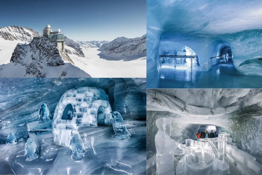 Cung điện băng (Ice Palace) hiện ra như một kỳ quan giữa lòng núi, nơi nghệ thuật và thiên nhiên hòa làm một