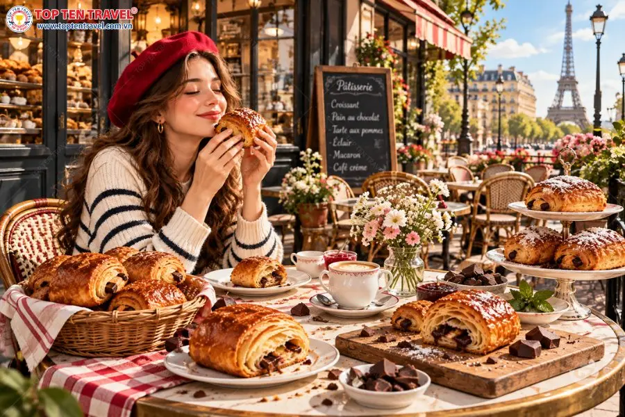 Pain au Chocolat hấp dẫn bởi lớp bánh ngàn lớp giòn xốp cùng phần chocolate đậm vị bên trong.